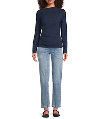 City Blues Stretch Modal Asymmetrical Neck Long Sleeve Ruched Top