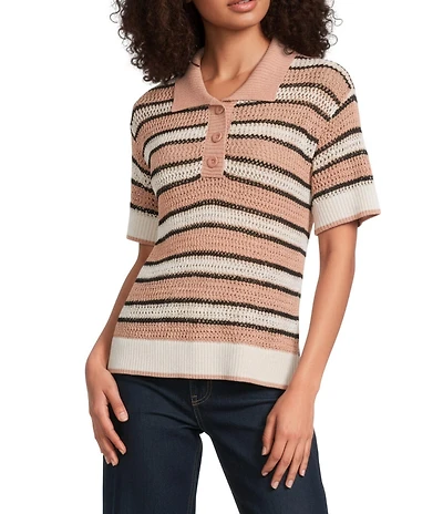 City Blues Striped Peter Pan Collar Short Sleeve Crochet Polo Top