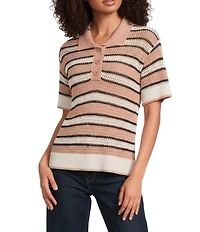 City Blues Striped Peter Pan Collar Short Sleeve Crochet Polo Top