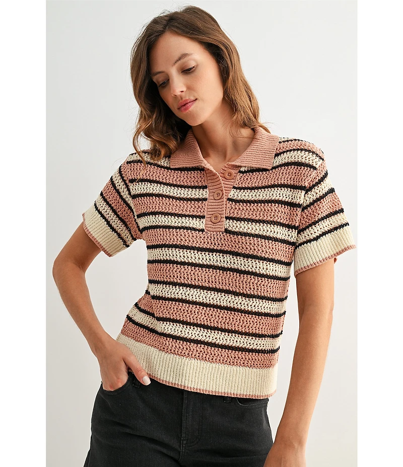 City Blues Striped Peter Pan Collar Short Sleeve Crochet Polo Top