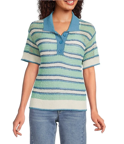 City Blues Striped Peter Pan Collar Short Sleeve Crochet Polo Top