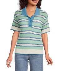 City Blues Striped Peter Pan Collar Short Sleeve Crochet Polo Top