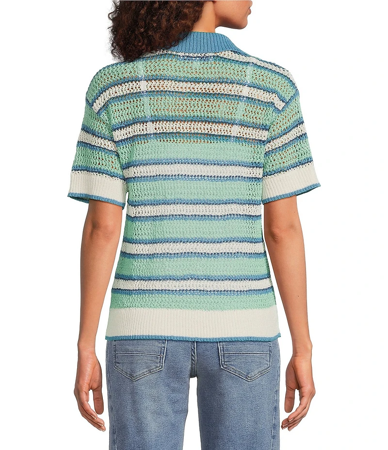 City Blues Striped Peter Pan Collar Short Sleeve Crochet Polo Top