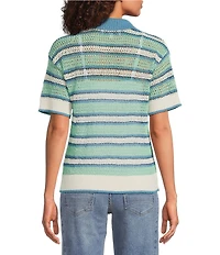 City Blues Striped Peter Pan Collar Short Sleeve Crochet Polo Top