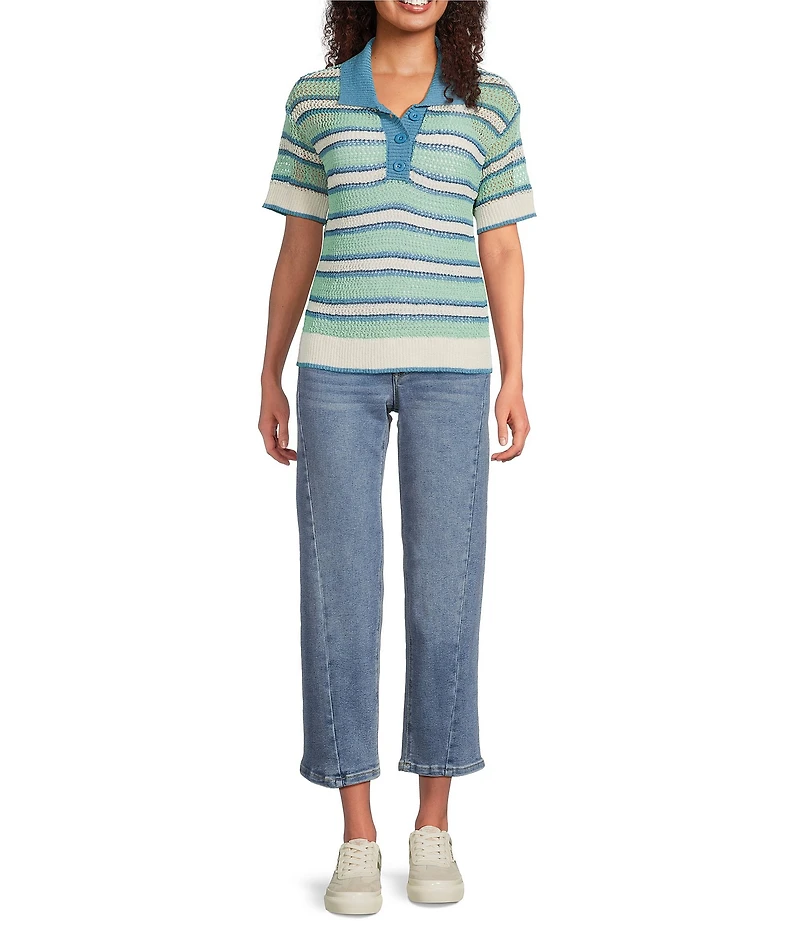 City Blues Striped Peter Pan Collar Short Sleeve Crochet Polo Top