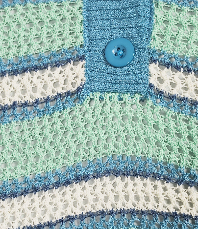 City Blues Striped Peter Pan Collar Short Sleeve Crochet Polo Top