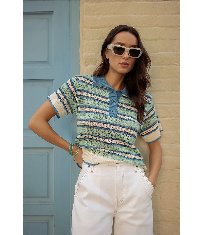 City Blues Striped Peter Pan Collar Short Sleeve Crochet Polo Top