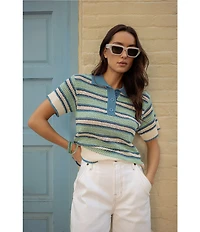 City Blues Striped Peter Pan Collar Short Sleeve Crochet Polo Top