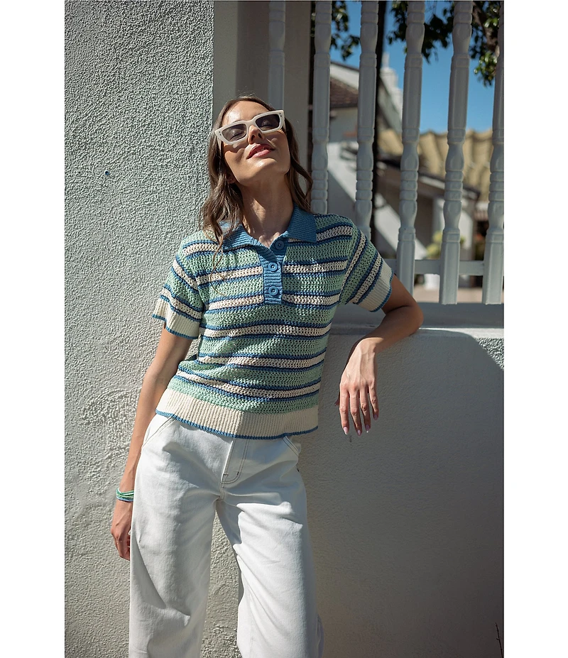 City Blues Striped Peter Pan Collar Short Sleeve Crochet Polo Top