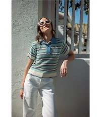 City Blues Striped Peter Pan Collar Short Sleeve Crochet Polo Top