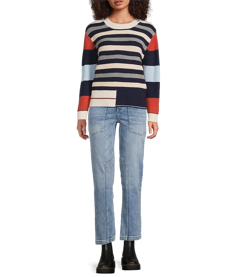 City Blues Striped Ribbed Crew Neck Long Sleeve Knit Sweater