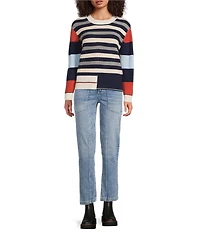 City Blues Striped Ribbed Crew Neck Long Sleeve Knit Sweater