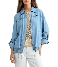 City Blues Twill Woven Collared Long Roll-Tab Sleeve Zip Front Jacket