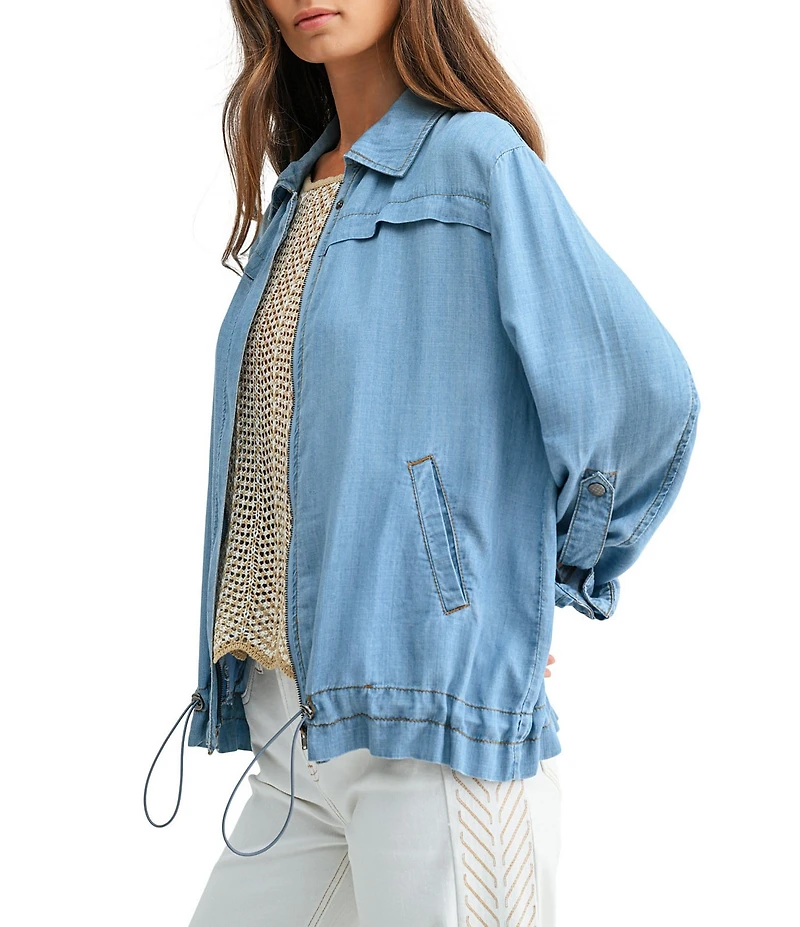 City Blues Twill Woven Collared Long Roll-Tab Sleeve Zip Front Jacket