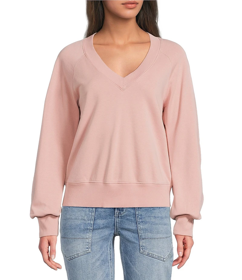 City Blues V-Neck Long Sleeve Zip-Back Cropped Knit Sweatshirt