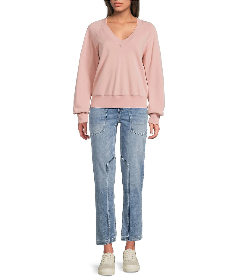 City Blues V-Neck Long Sleeve Zip-Back Cropped Knit Sweatshirt