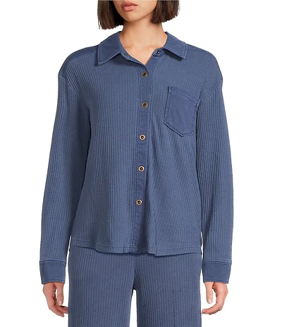 City Blues Waffle Knit Coordinating Point Collar Long Sleeve Contrast Trim Button Front Shirt