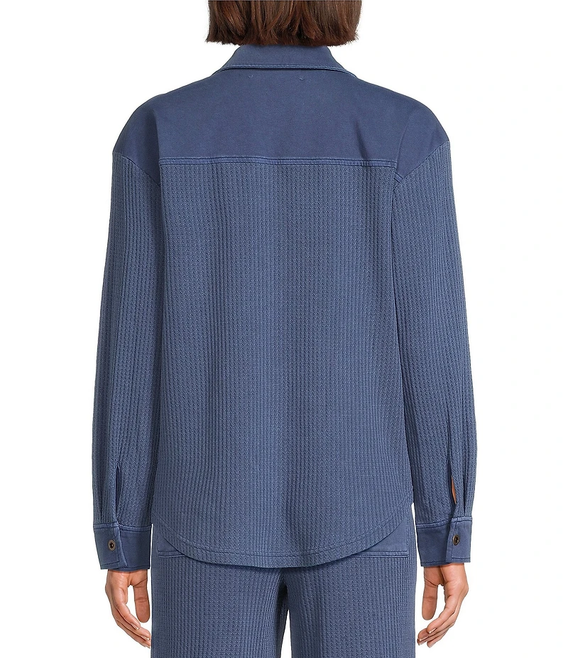 City Blues Waffle Knit Coordinating Point Collar Long Sleeve Contrast Trim Button Front Shirt