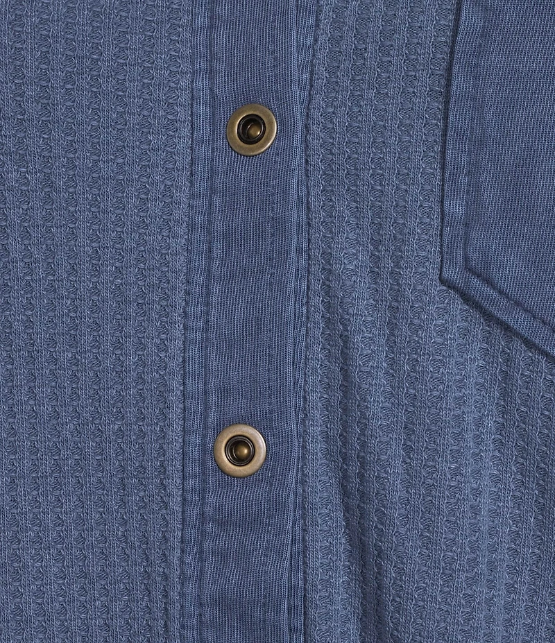 City Blues Waffle Knit Coordinating Point Collar Long Sleeve Contrast Trim Button Front Shirt