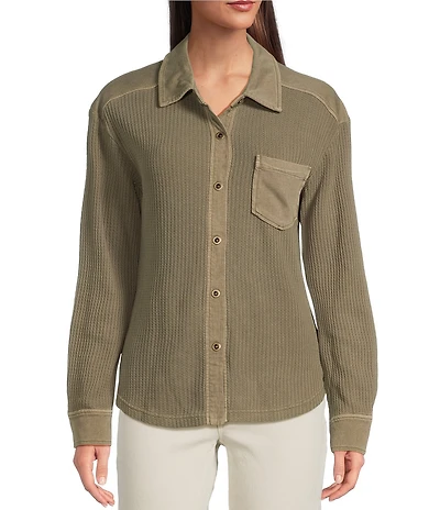 City Blues Waffle Knit Coordinating Point Collar Long Sleeve Contrast Trim Button Front Shirt