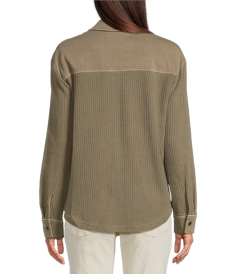 City Blues Waffle Knit Coordinating Point Collar Long Sleeve Contrast Trim Button Front Shirt