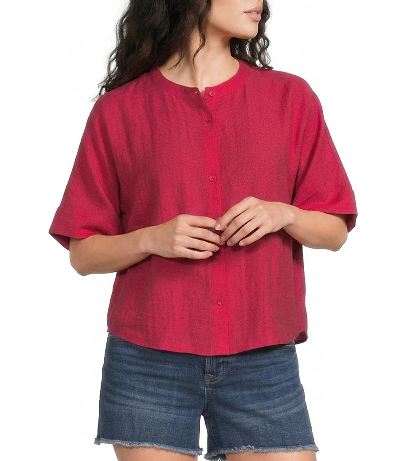 City Blues Woven Banded Collar Short Sleeve Button-Front Shirt