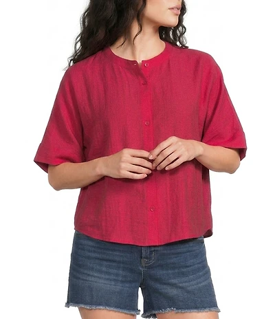 City Blues Woven Banded Collar Short Sleeve Button-Front Shirt