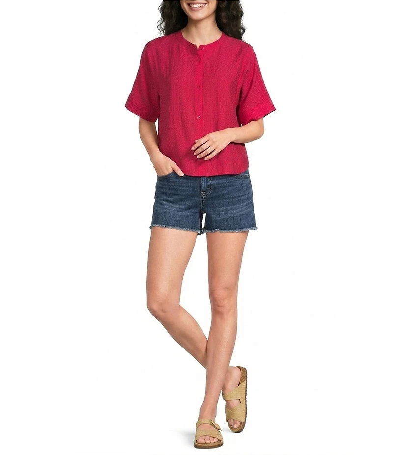 City Blues Woven Banded Collar Short Sleeve Button-Front Shirt
