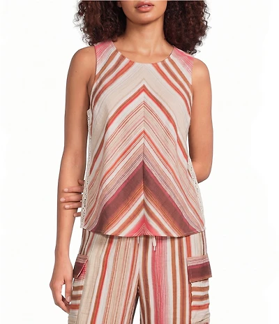 City Blues Woven Mitered Streipe Crochet Side Panel Sleeveless A-Line Top