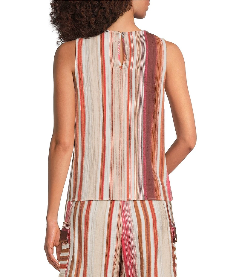 City Blues Woven Mitered Streipe Crochet Side Panel Sleeveless A-Line Top