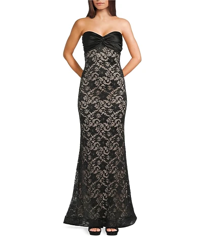 City Vibe Sequin Embellished Lace Strapless Twist Front Ballgown