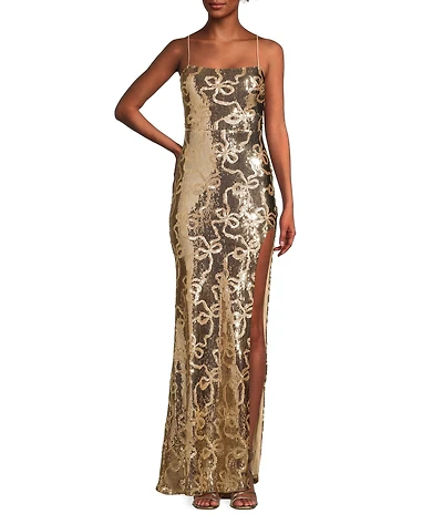 City Vibe Bow Sequin Pattern Lace Up Back Side Slit Dress