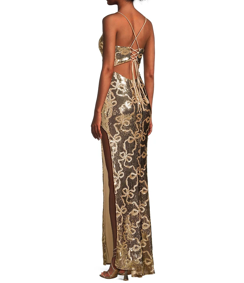 City Vibe Bow Sequin Pattern Lace Up Back Side Slit Dress