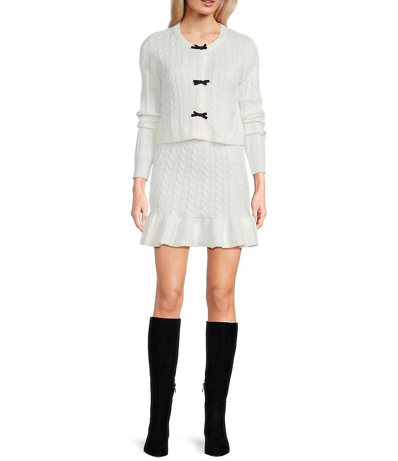 City Vibe Bow Trimmed Long Sleeve Cardigan & Coordinating Flounce Hem Skirt Set