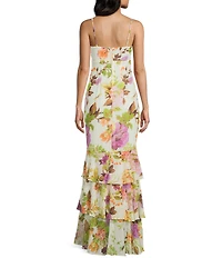 City Vibe Chiffon Floral Print Drape Neck Drop Waist Ruffle Tiered Maxi Dress