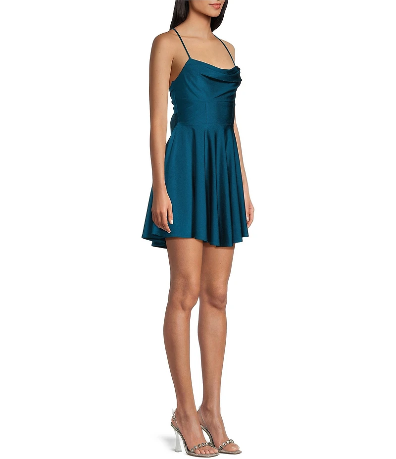 City Vibe Cowl Neck Criss Cross Back Pleated Dress