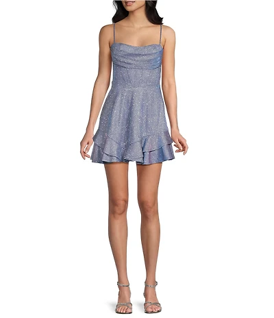 City Vibe Drape Neck Corseted Ruffle Hem Lace Up Back Dress