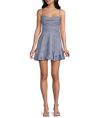 City Vibe Drape Neck Corseted Ruffle Hem Lace Up Back Dress
