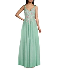 City Vibe Embroidered Applique Mesh V-Neck Lace Up Back Ballgown