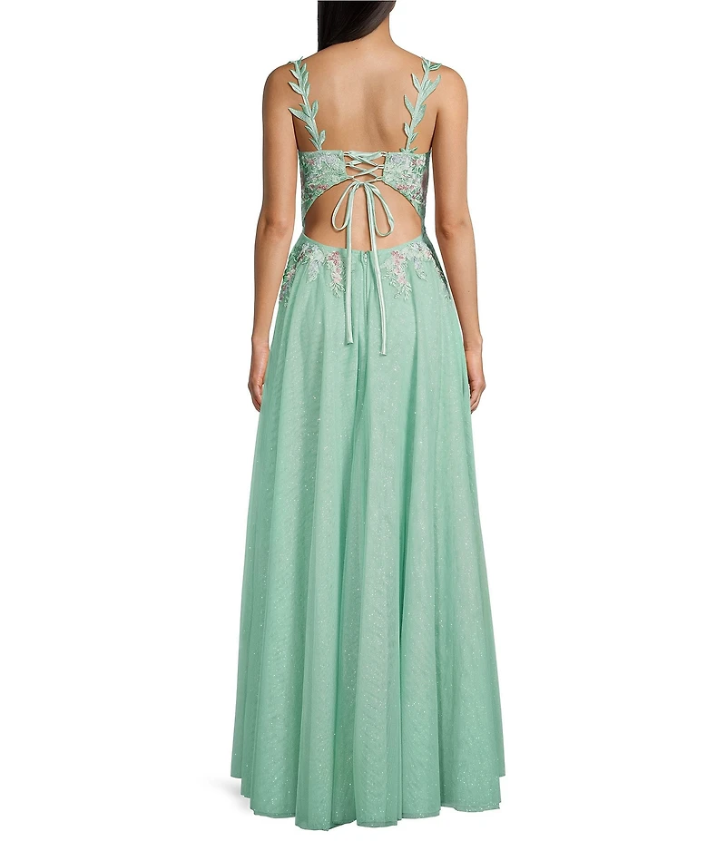 City Vibe Embroidered Applique Mesh V-Neck Lace Up Back Ballgown