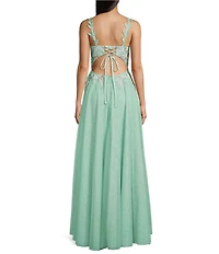 City Vibe Embroidered Applique Mesh V-Neck Lace Up Back Ballgown