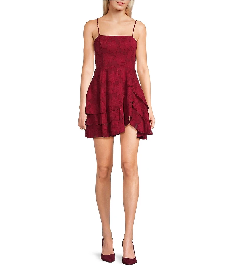 City Vibe Floral Jacquard Square Neck Asymmetric Layered Ruffle Tie Back Dress