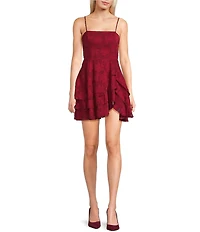 City Vibe Floral Jacquard Square Neck Asymmetric Layered Ruffle Tie Back Dress