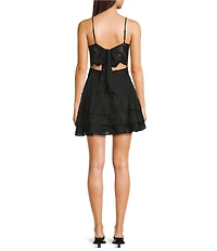 City Vibe Floral Jacquard Square Neck Asymmetric Layered Ruffle Tie Back Dress