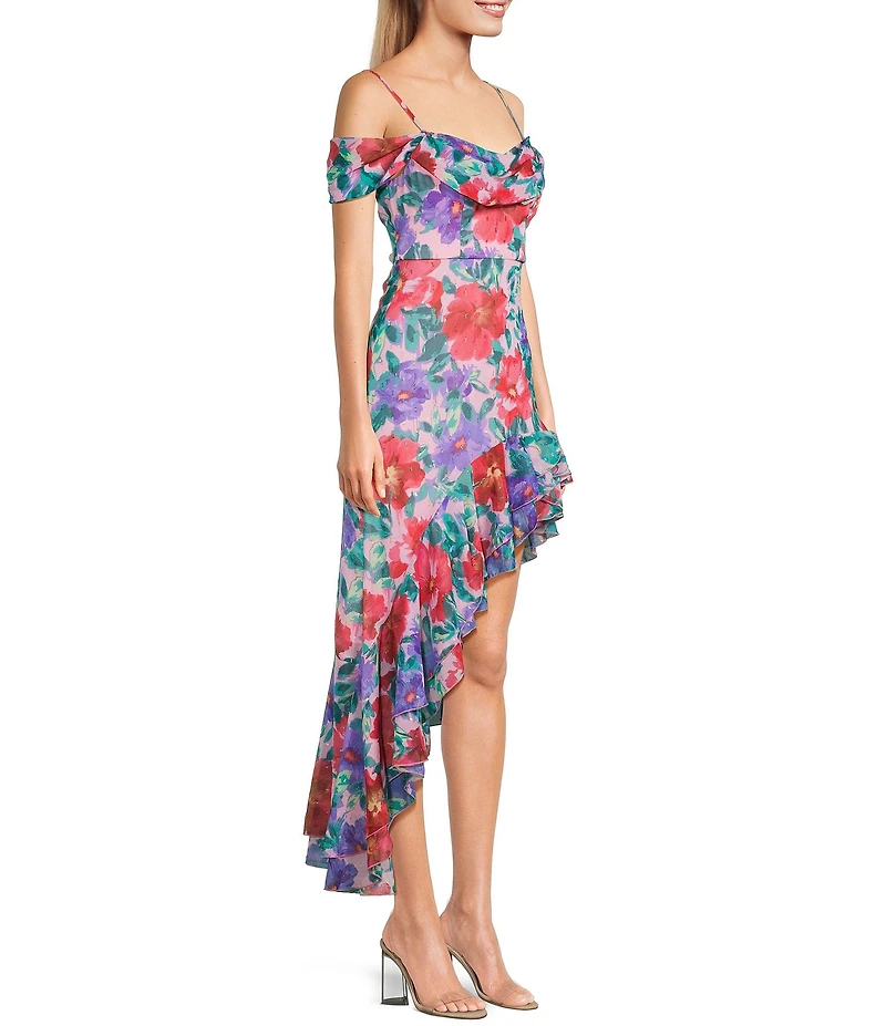 City Vibe Floral Print Drape Off The Shoulder Neck Ruffled Asymmetrical Hem Midi Dress