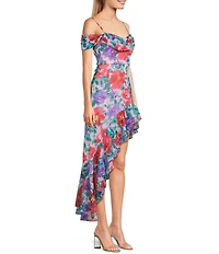 City Vibe Floral Print Drape Off The Shoulder Neck Ruffled Asymmetrical Hem Midi Dress