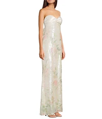 City Vibe Floral Print Sequin Mesh Twist Front Bandeau Side Slit Long Dress