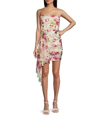 City Vibe Floral Print Strapless Sweetheart Neck Side Cascade Ruffle Dress
