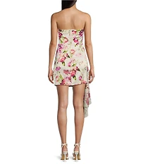 City Vibe Floral Print Strapless Sweetheart Neck Side Cascade Ruffle Dress