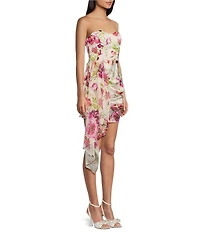 City Vibe Floral Print Strapless Sweetheart Neck Side Cascade Ruffle Dress